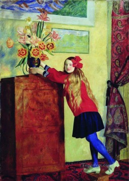  Kustodiev Lienzo - Chica con flores 1917 Boris Mikhailovich Kustodiev